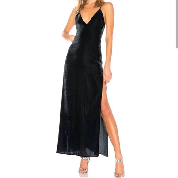 Lovers + Friends Revolve Regina Velvet Maxi Dress Sleeveless High Slit Green XS - Picture 1 of 8